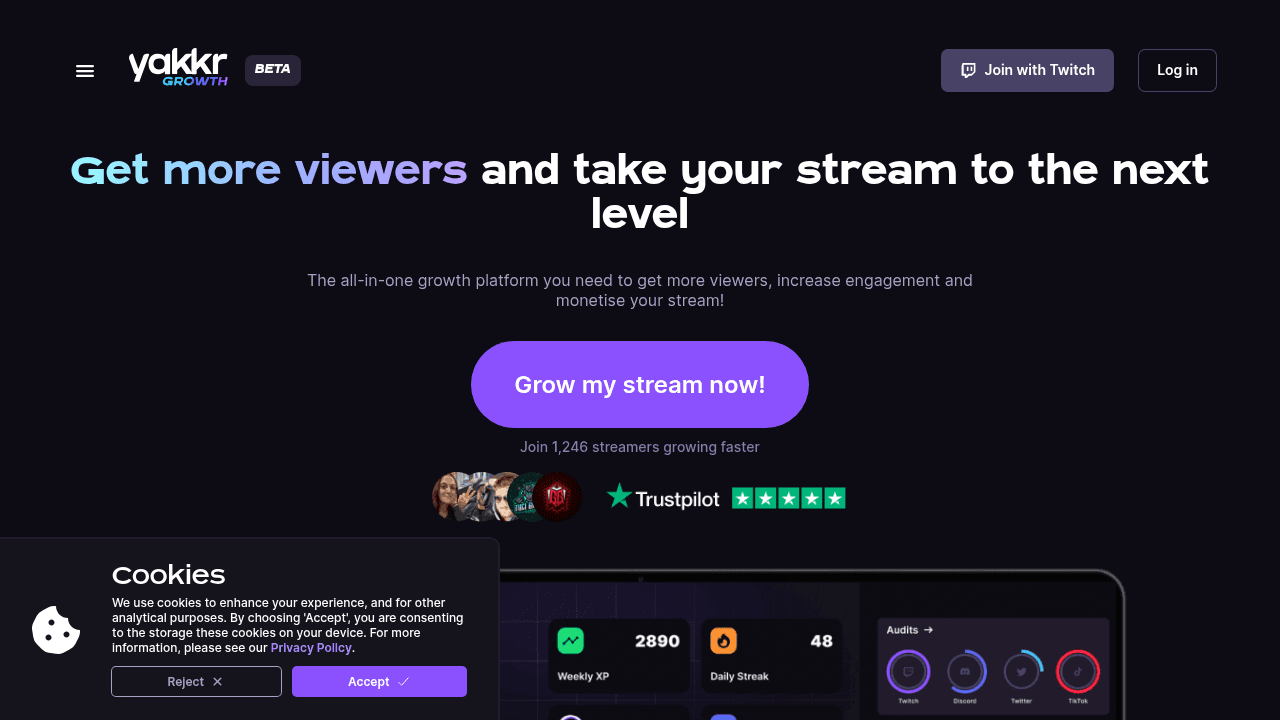 Yakkr Growth interface screenshot showing main features and user interface