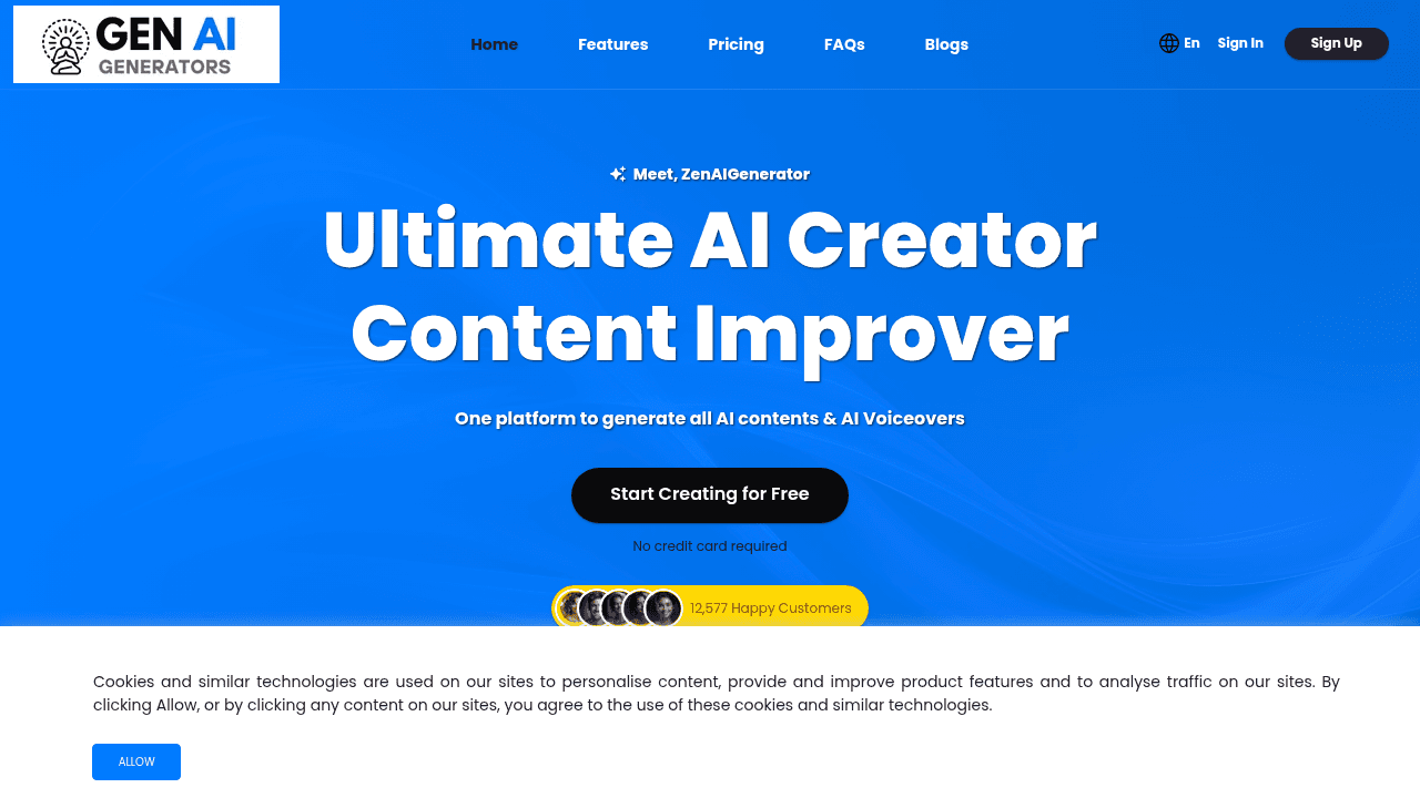 Zen AI Generator interface screenshot showing main features and user interface