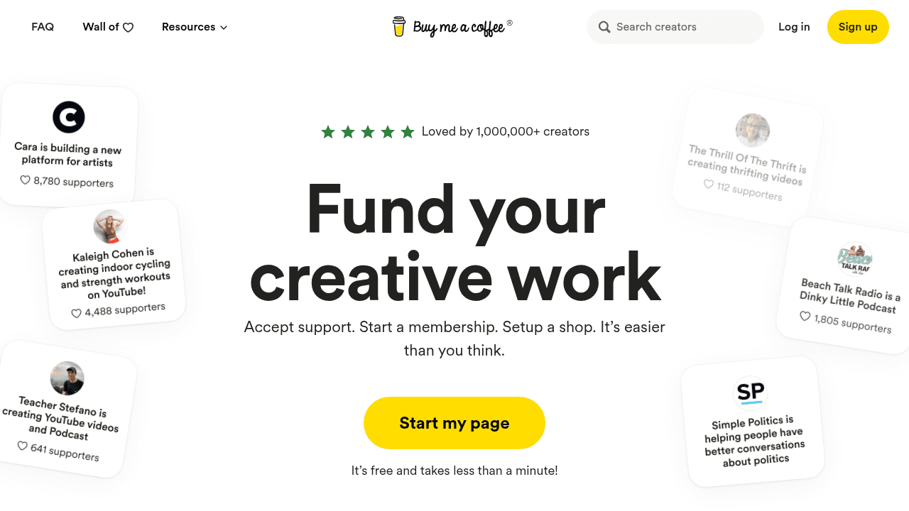 Buy Me A Coffee interface screenshot showing main features and user interface