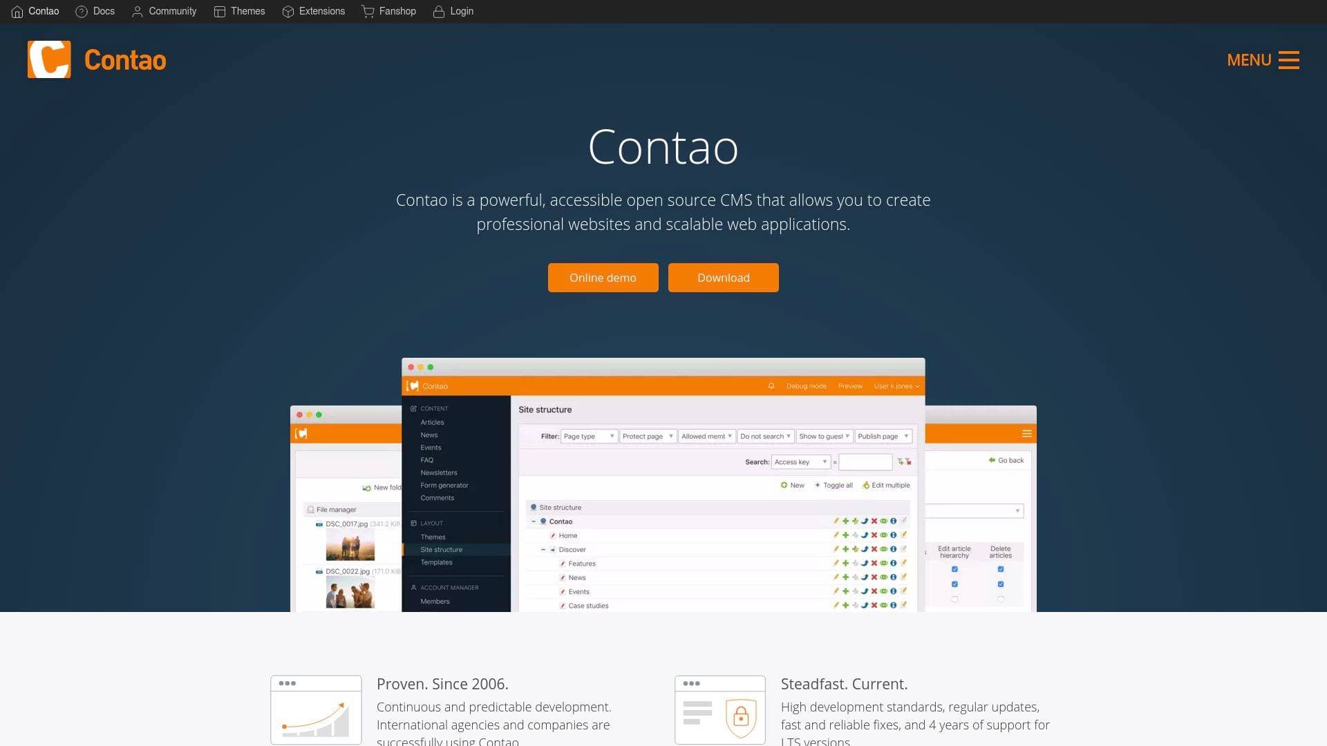 Contao interface screenshot showing main features and user interface