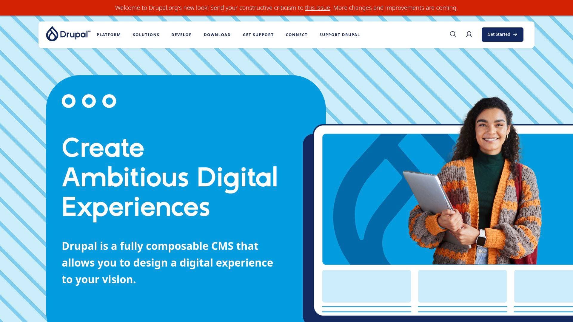 Drupal interface screenshot showing main features and user interface
