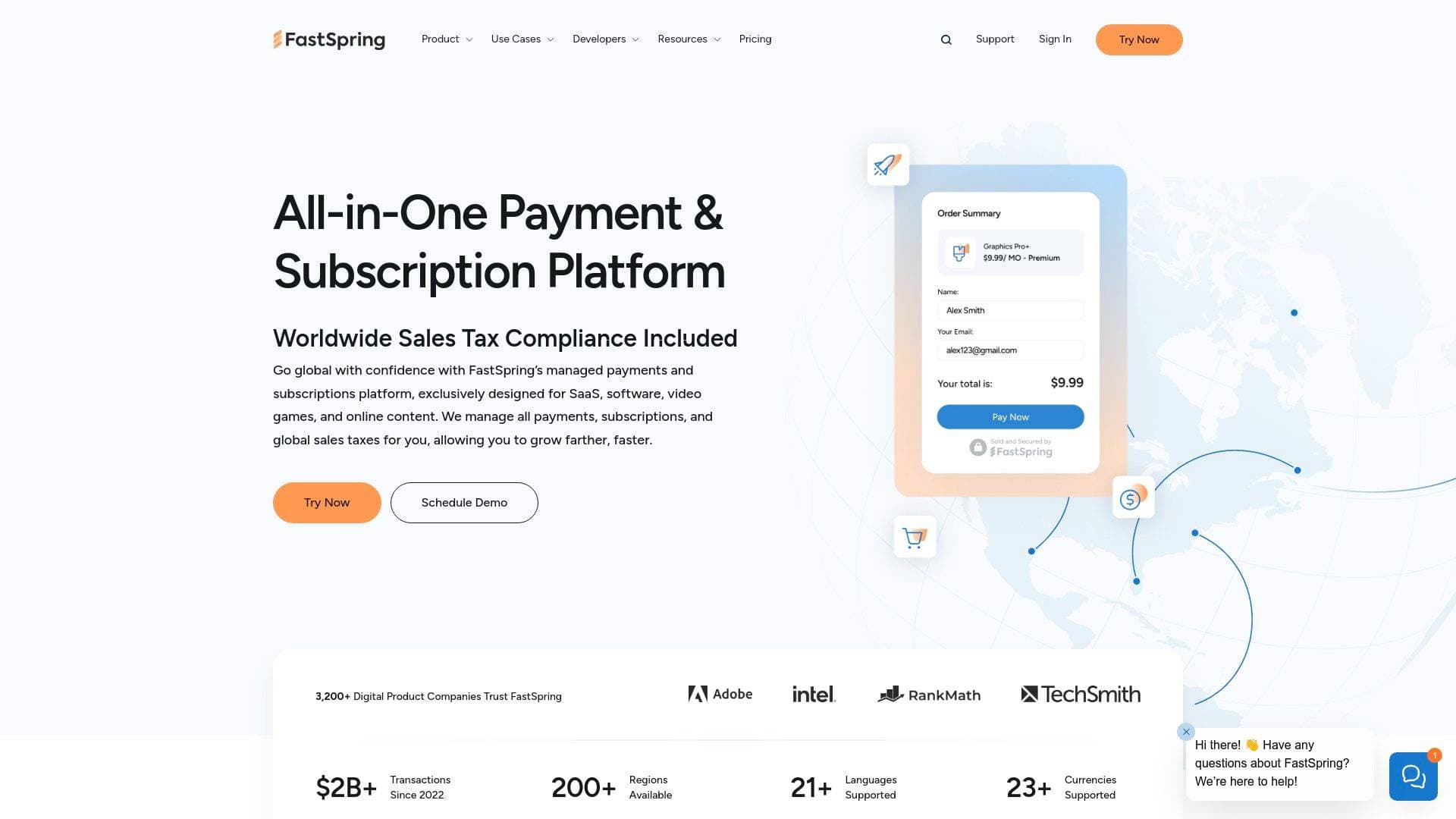FastSpring interface screenshot showing main features and user interface