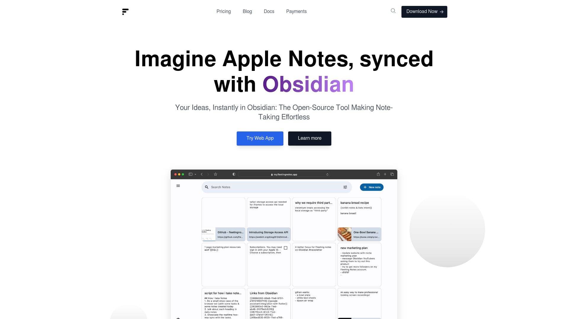Fleeting Notes interface screenshot showing main features and user interface