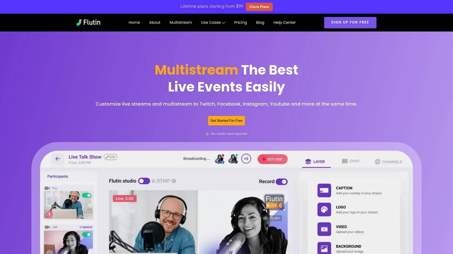 Flutin Live interface screenshot showing main features and user interface