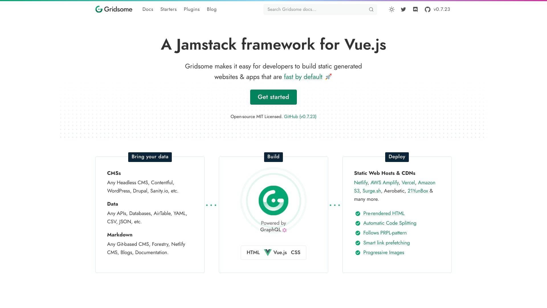 Gridsome interface screenshot showing main features and user interface