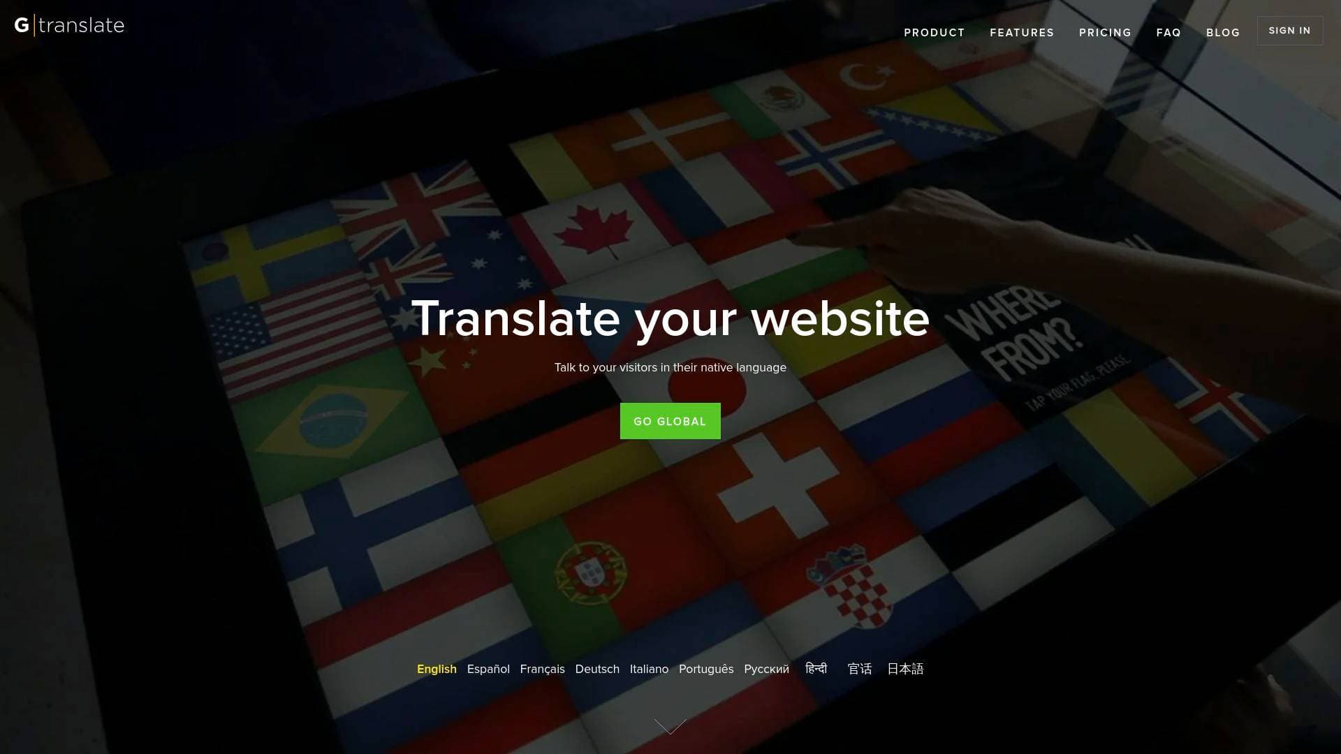 GTranslate interface screenshot showing main features and user interface