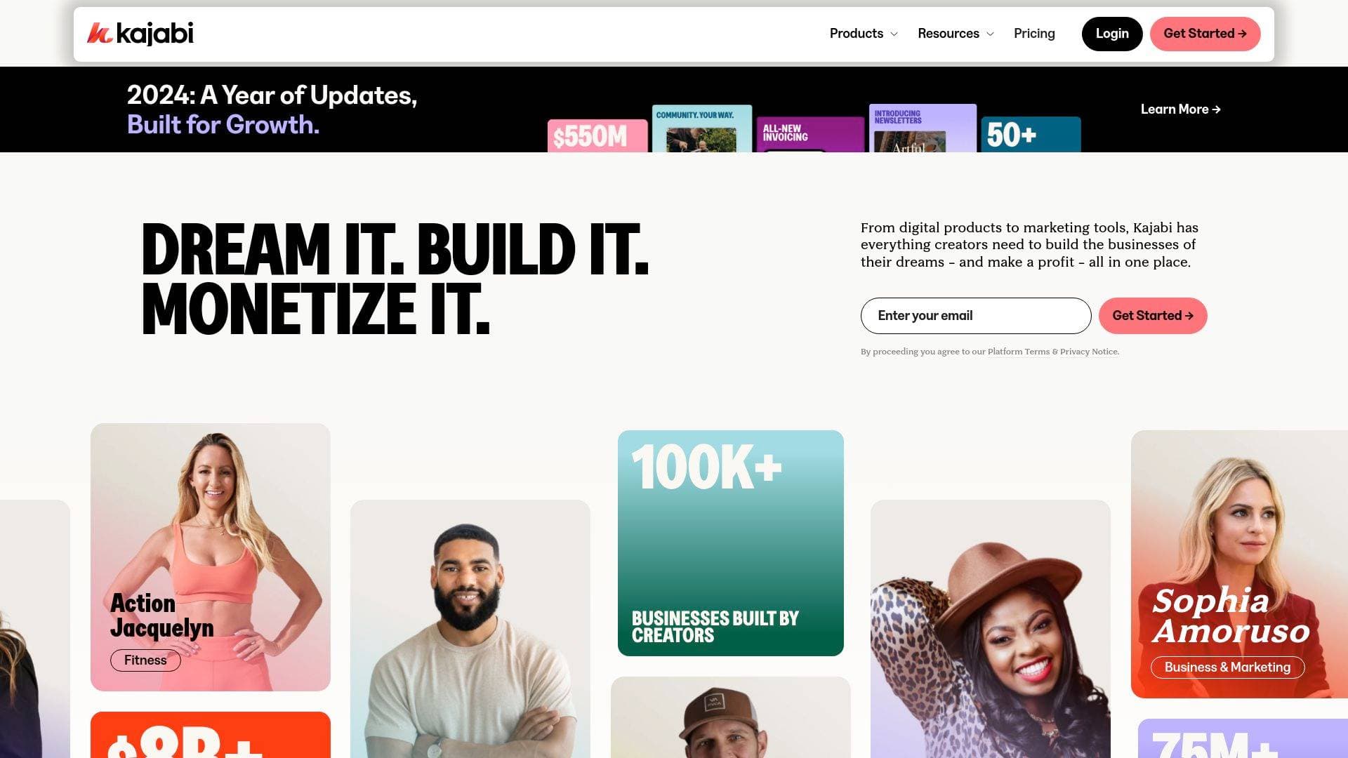 Kajabi interface screenshot showing main features and user interface