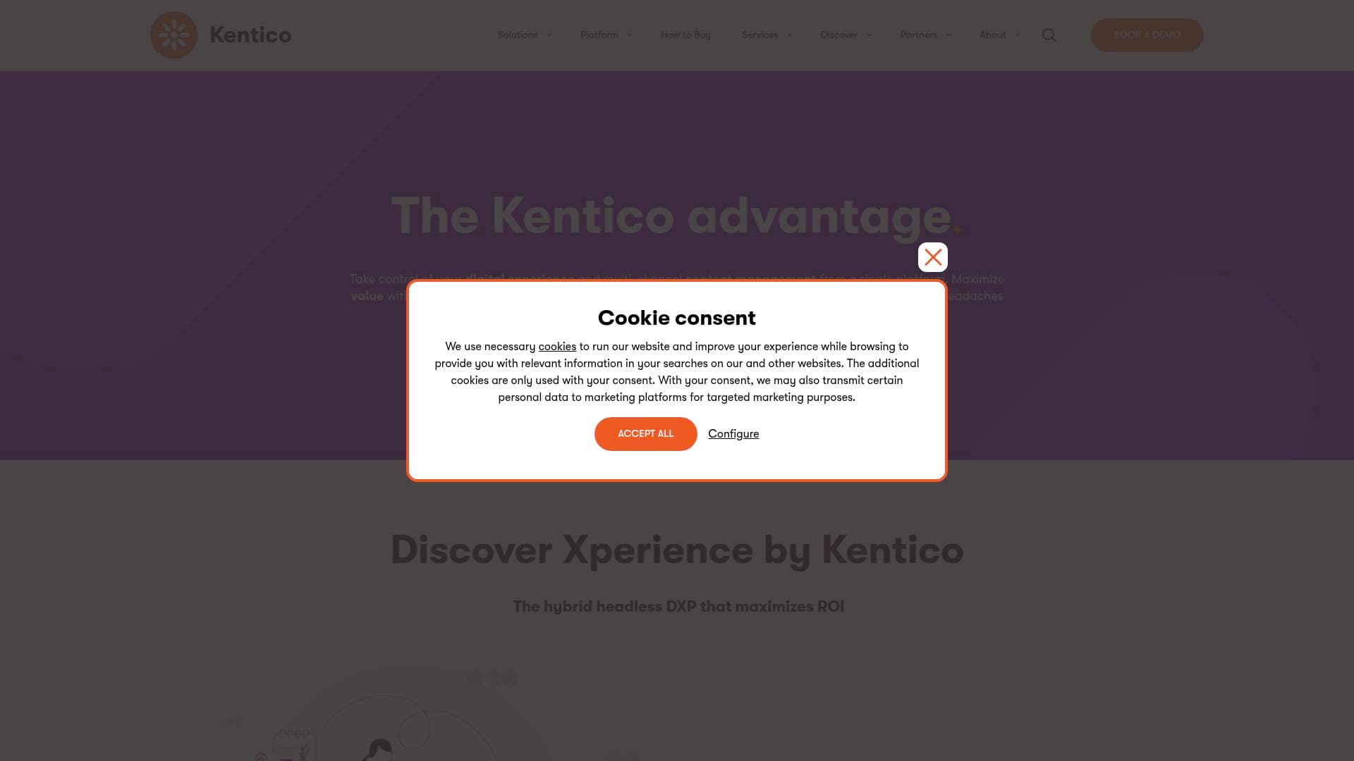 Kentico interface screenshot showing main features and user interface