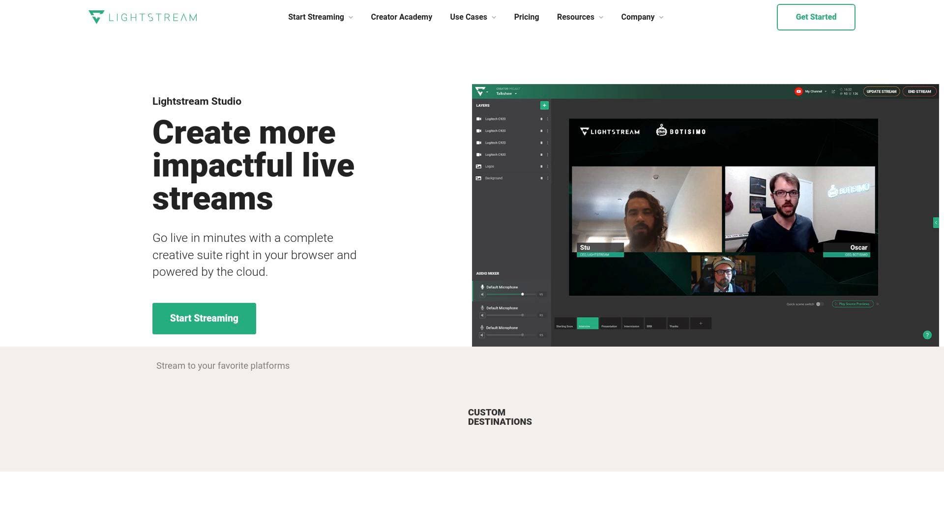 Lightstream interface screenshot showing main features and user interface
