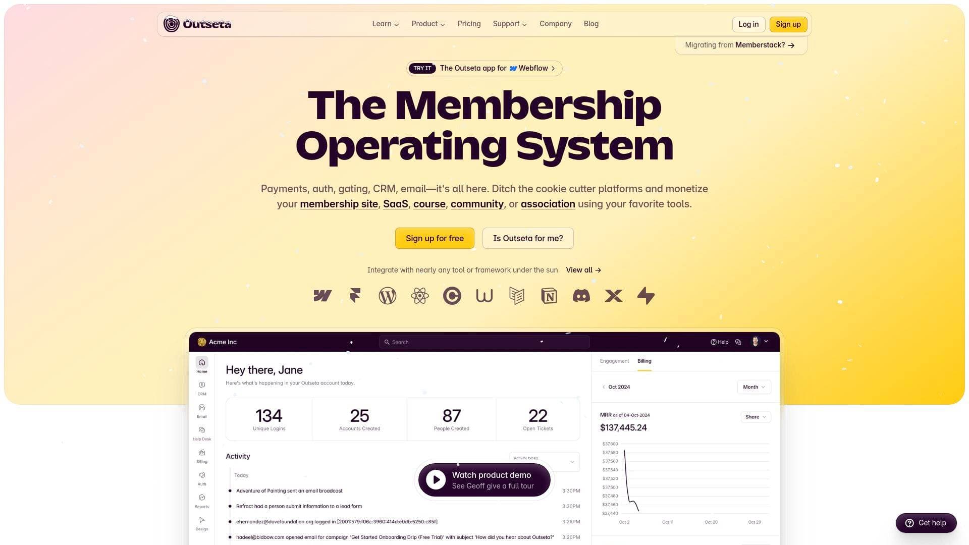 Outseta interface screenshot showing main features and user interface