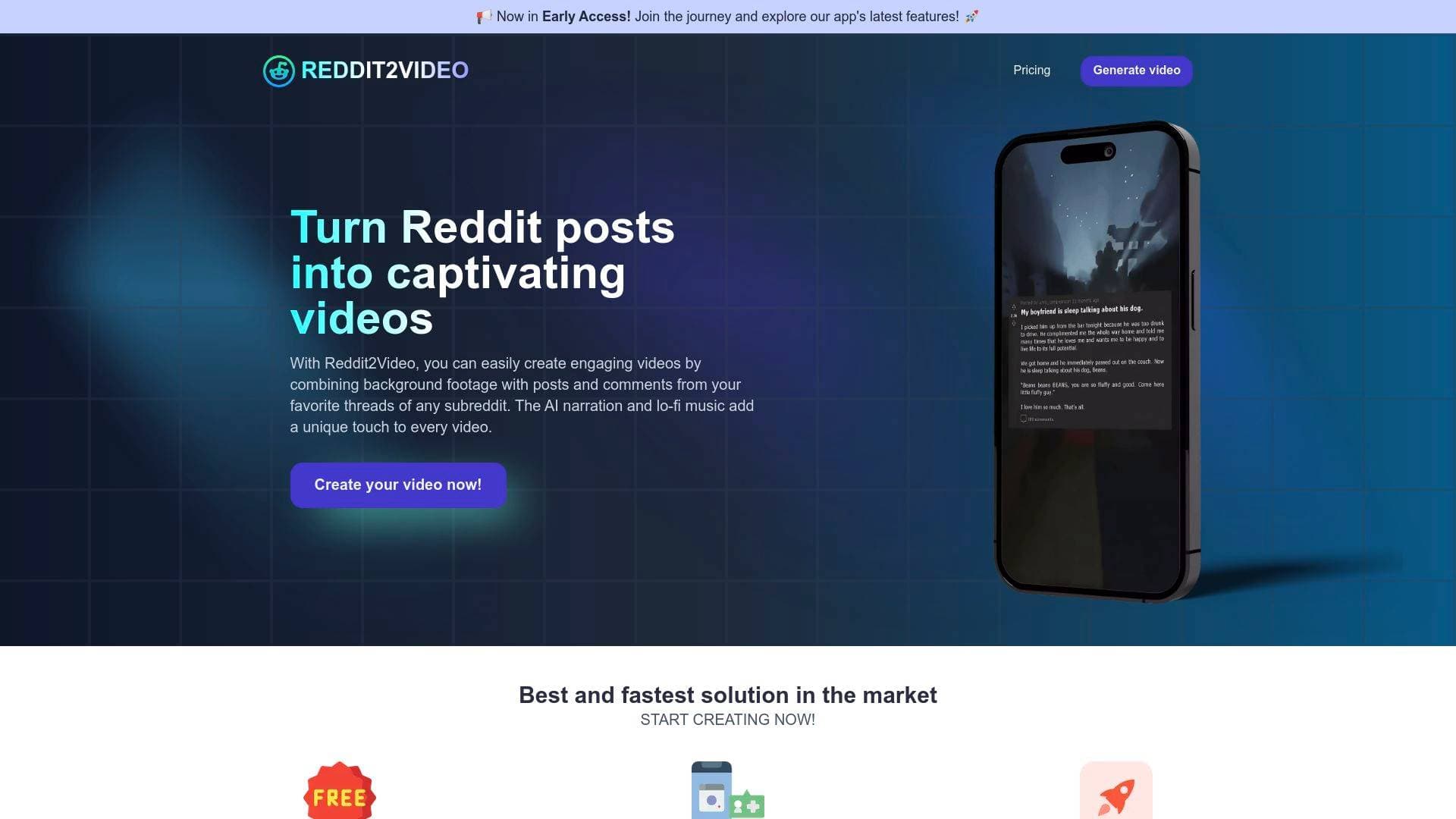 Reddit2Video interface screenshot showing main features and user interface