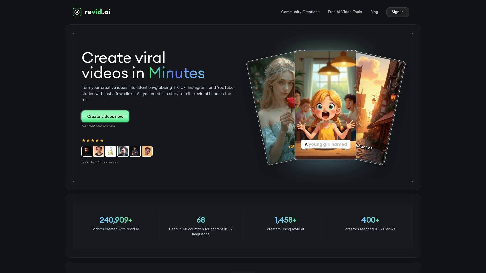 Revid AI interface screenshot showing main features and user interface