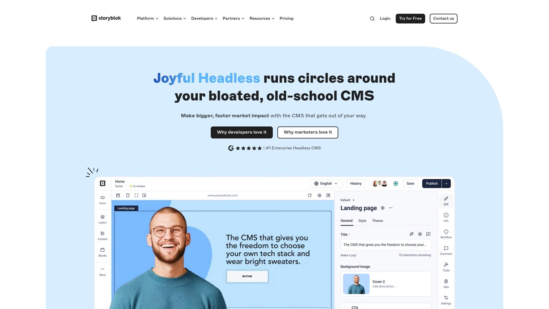 Storyblok interface screenshot showing main features and user interface