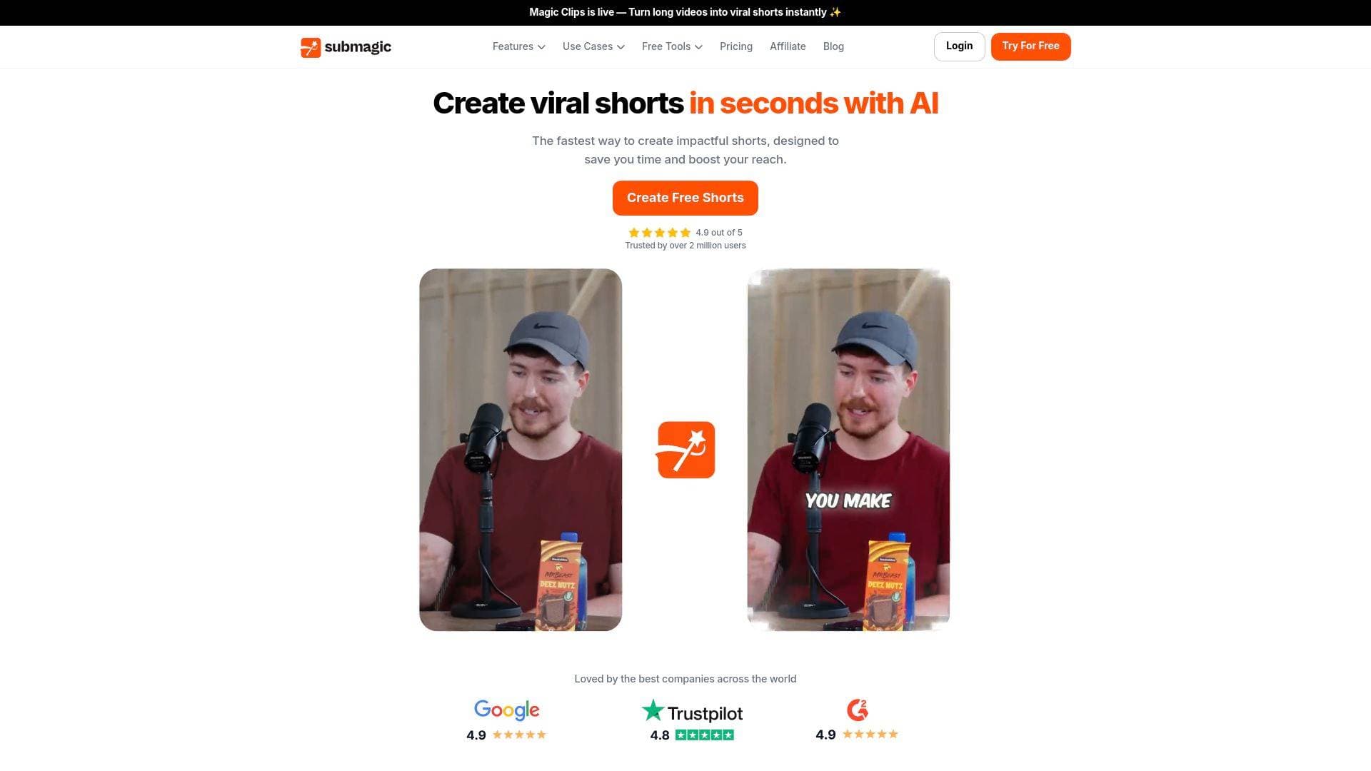 Submagic interface screenshot showing main features and user interface