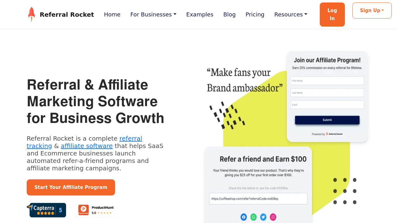 Referral Rocket interface screenshot showing main features and user interface