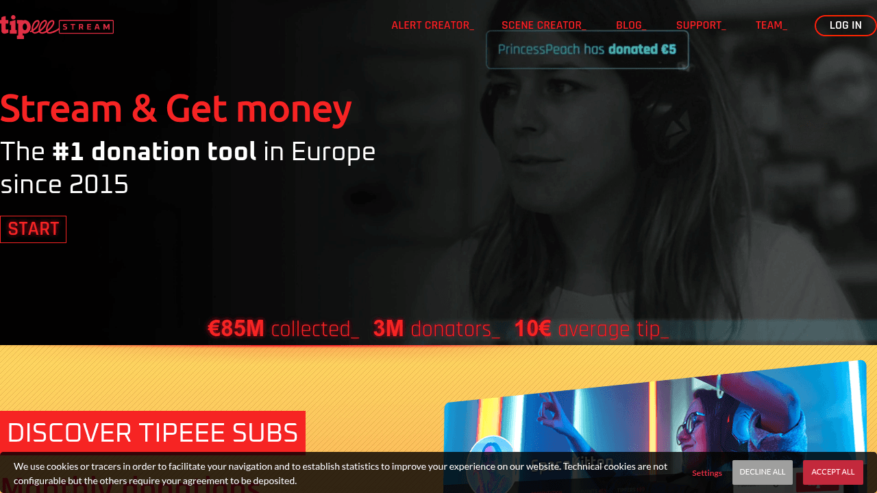 TipeeeStream interface screenshot showing main features and user interface