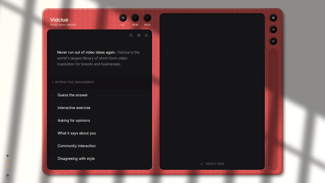 Vidclue interface screenshot showing main features and user interface