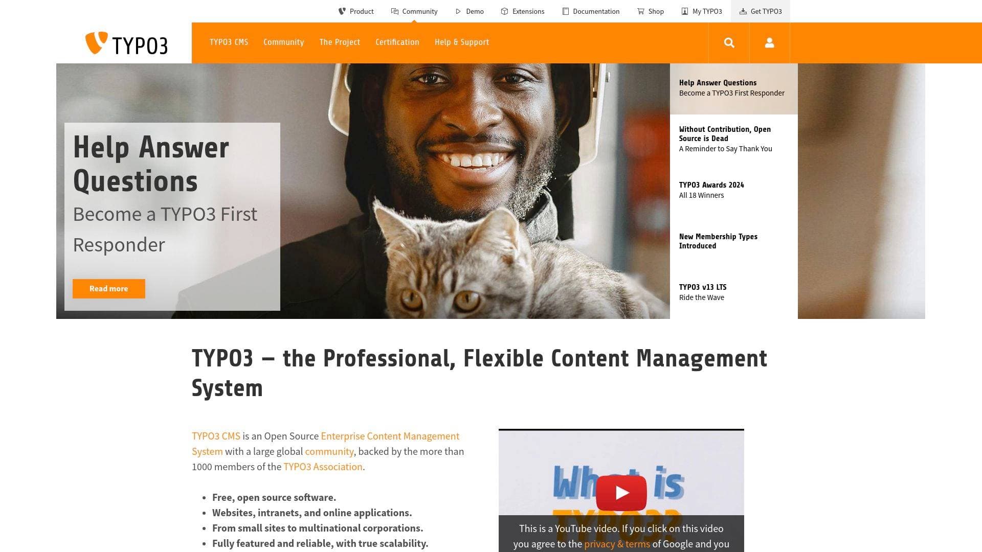 TYPO3 interface screenshot showing main features and user interface