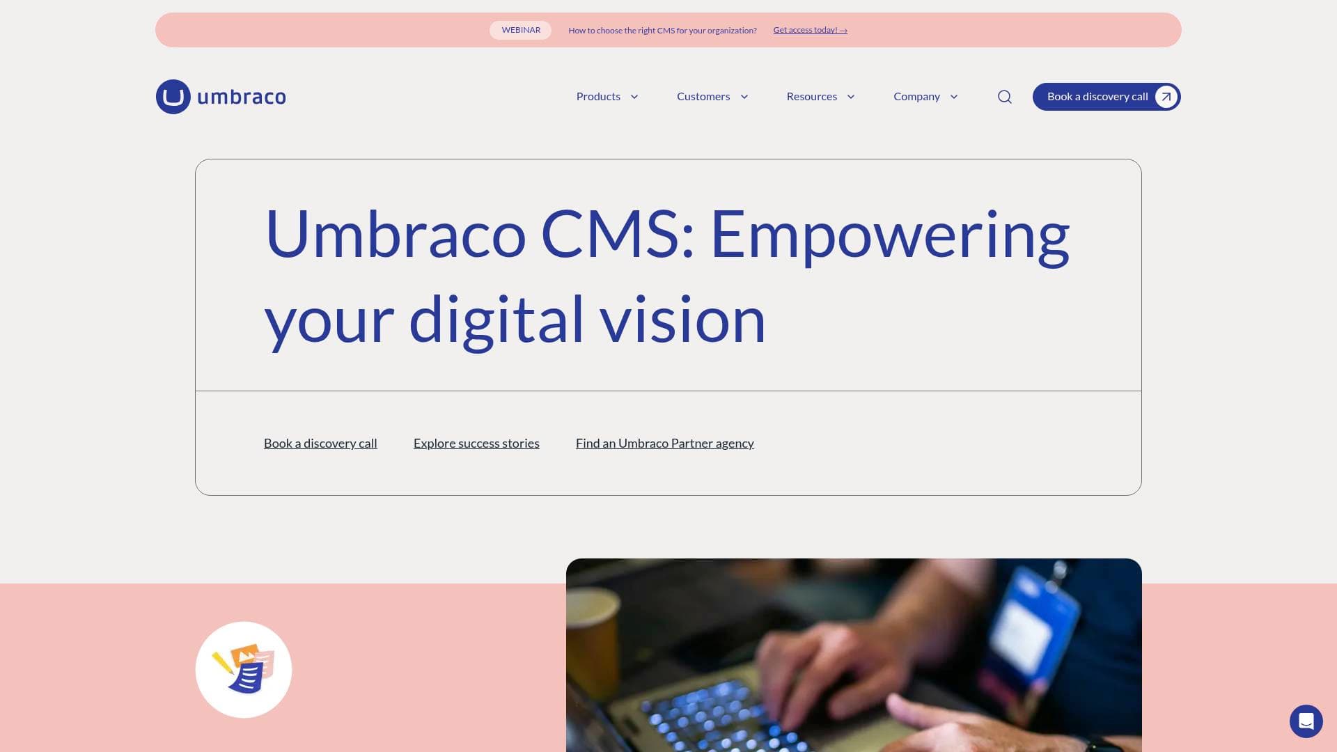 Umbraco interface screenshot showing main features and user interface