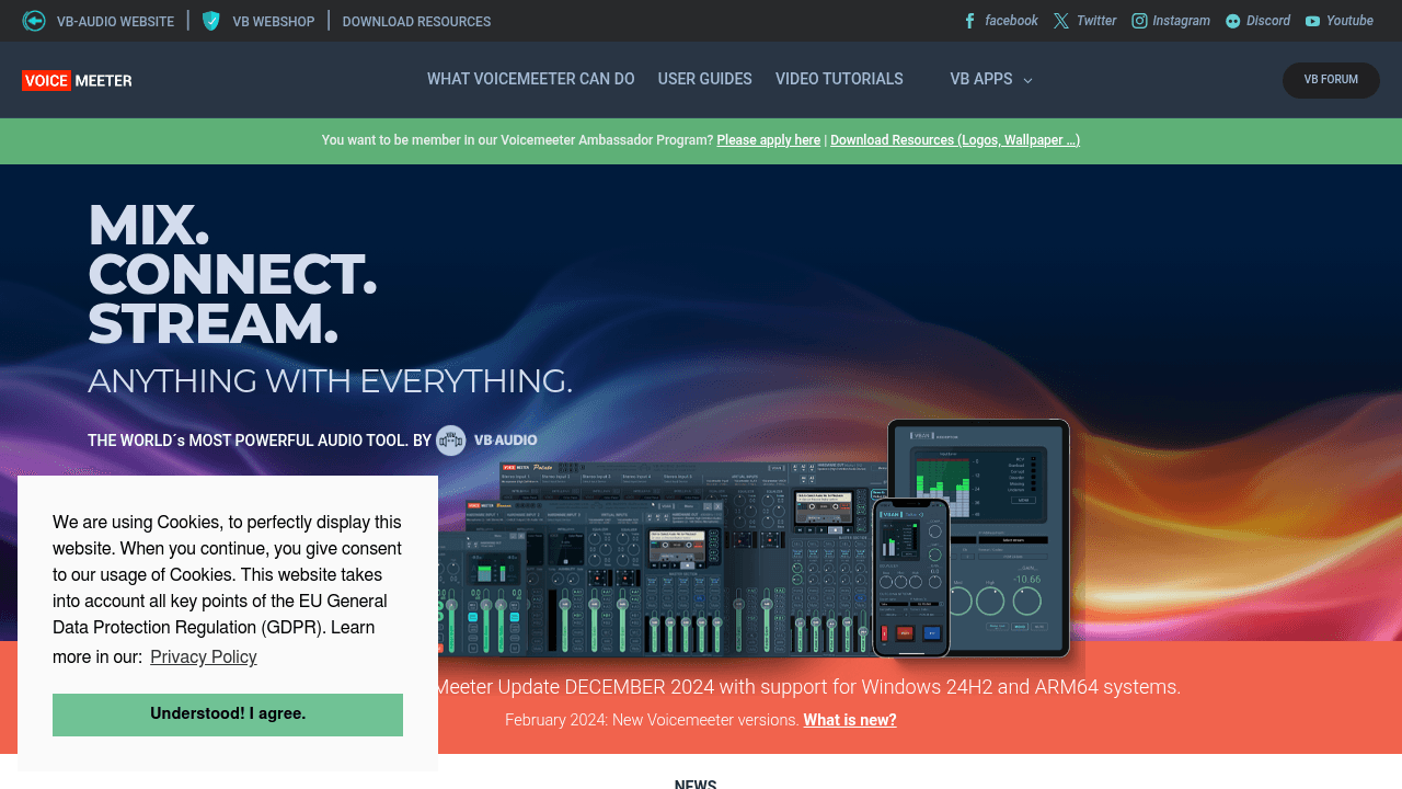 Voicemeeter interface screenshot showing main features and user interface