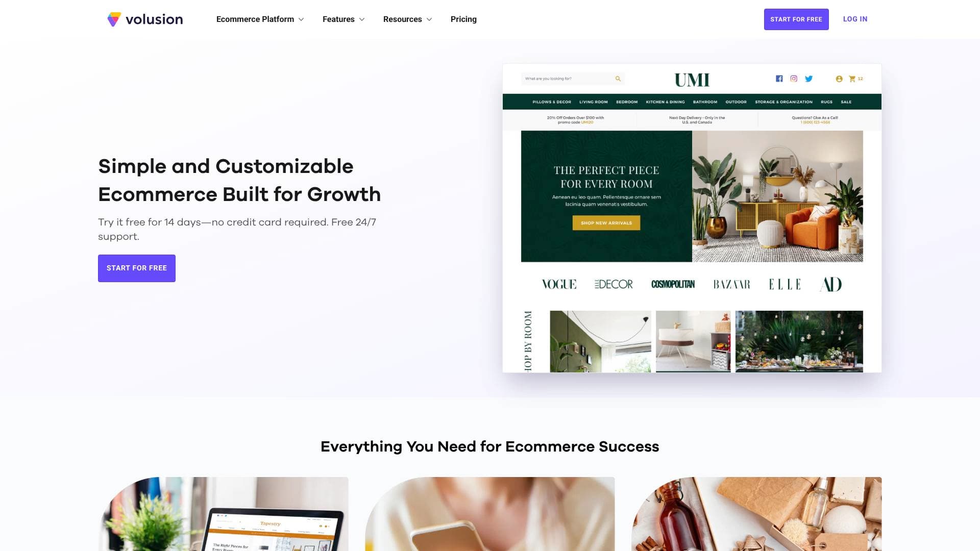 Volusion interface screenshot showing main features and user interface