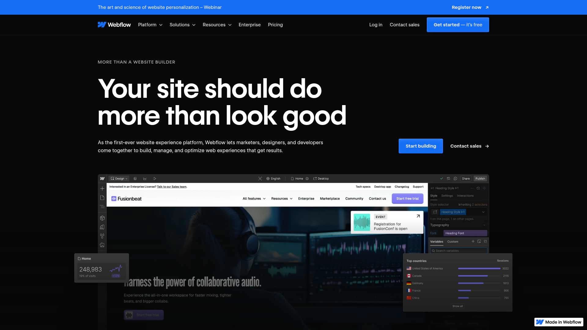 Webflow interface screenshot showing main features and user interface