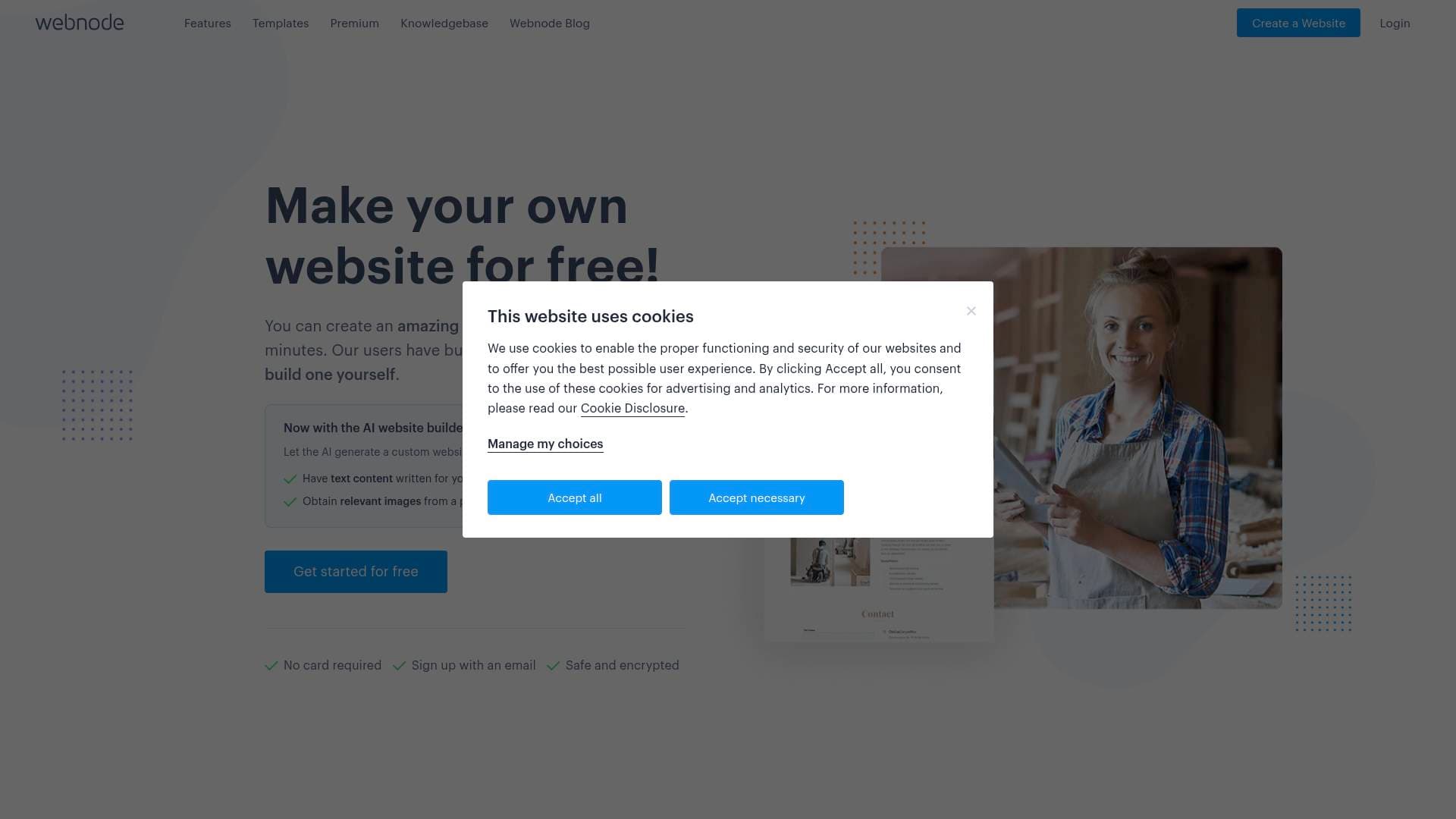 Webnode interface screenshot showing main features and user interface