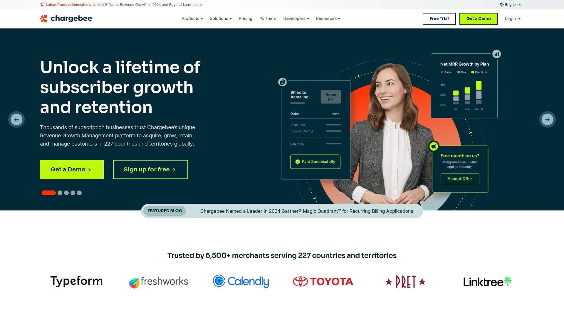 Chargebee interface screenshot showing main features and user interface