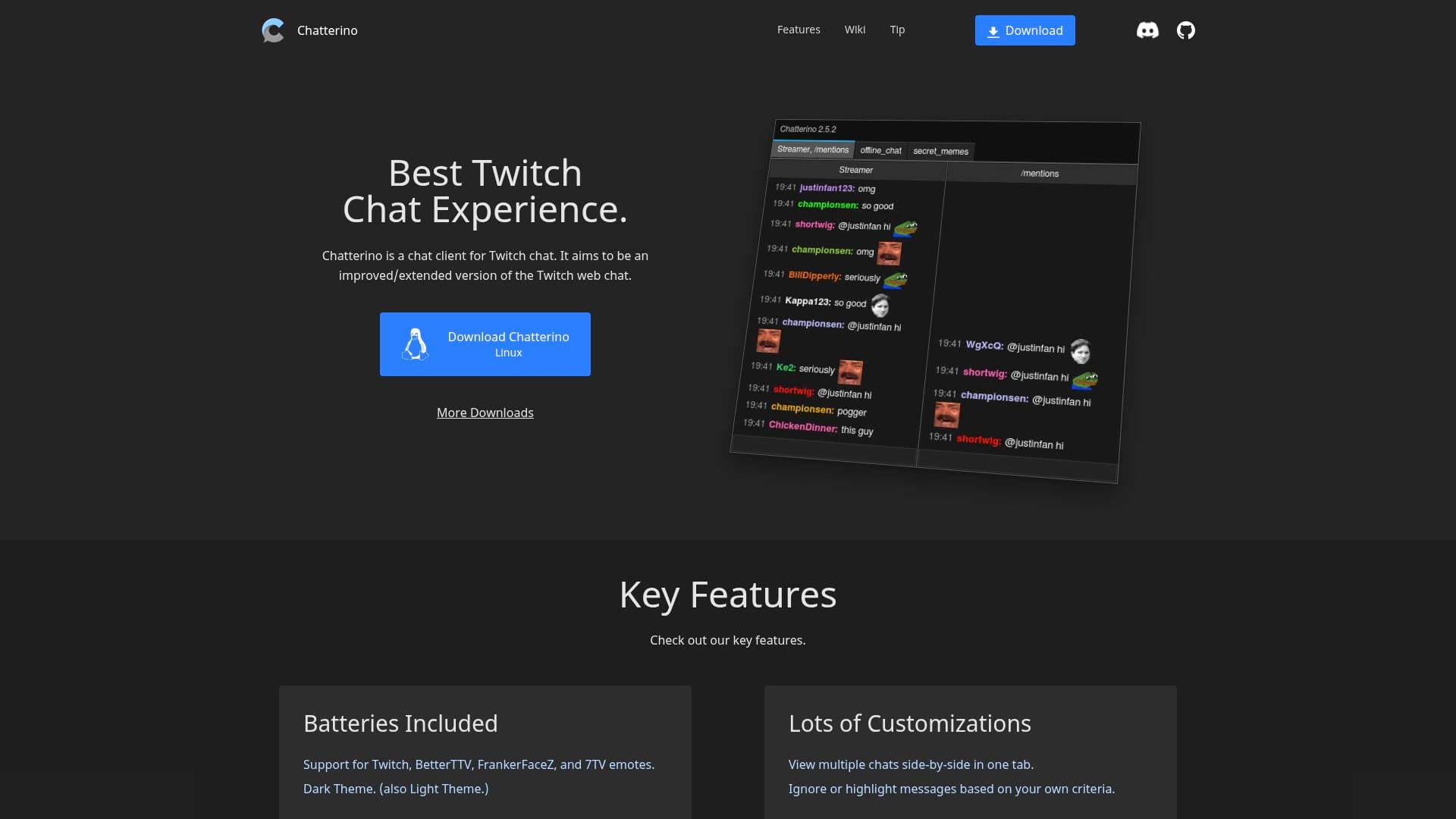 Chatterino interface screenshot showing main features and user interface