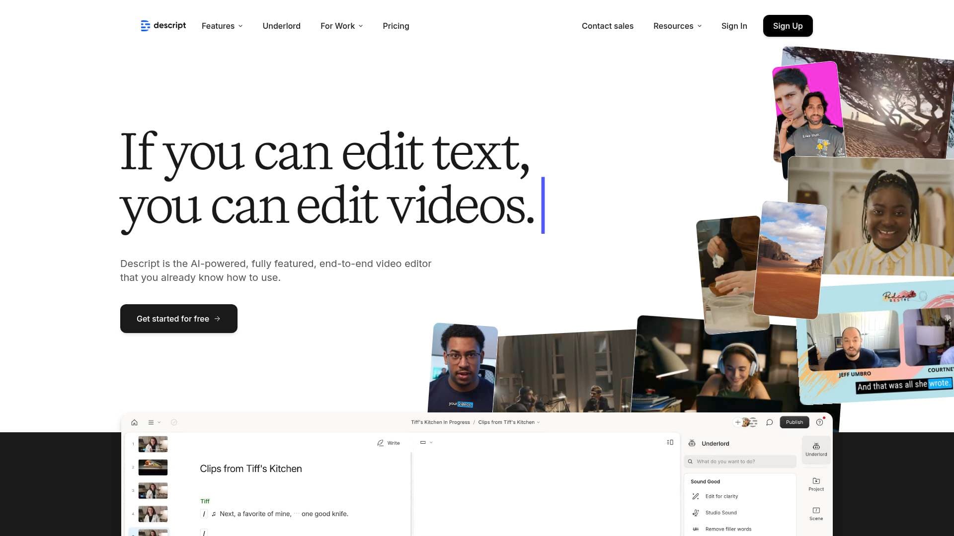 Descript interface screenshot showing main features and user interface