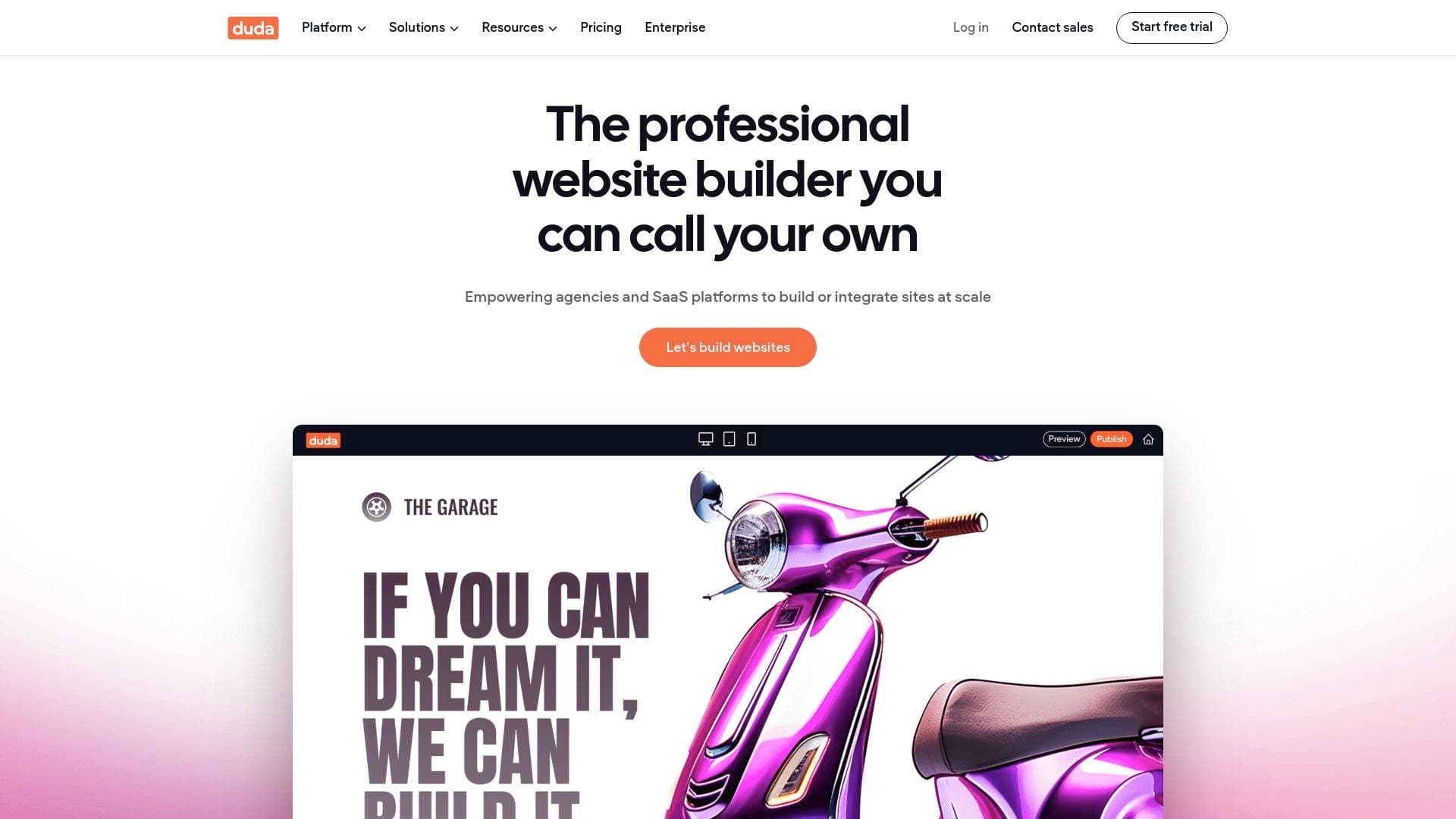 Duda interface screenshot showing main features and user interface