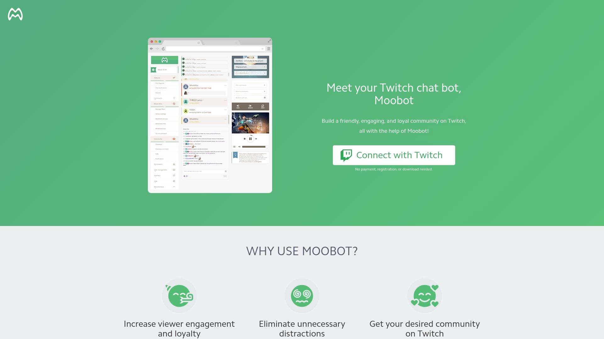 Moo Bot interface screenshot showing main features and user interface