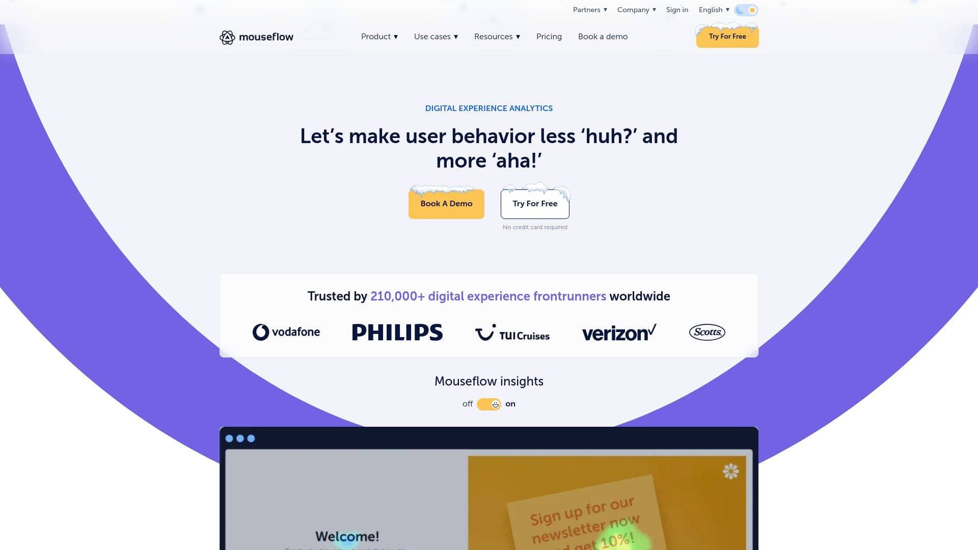 Mouseflow interface screenshot showing main features and user interface
