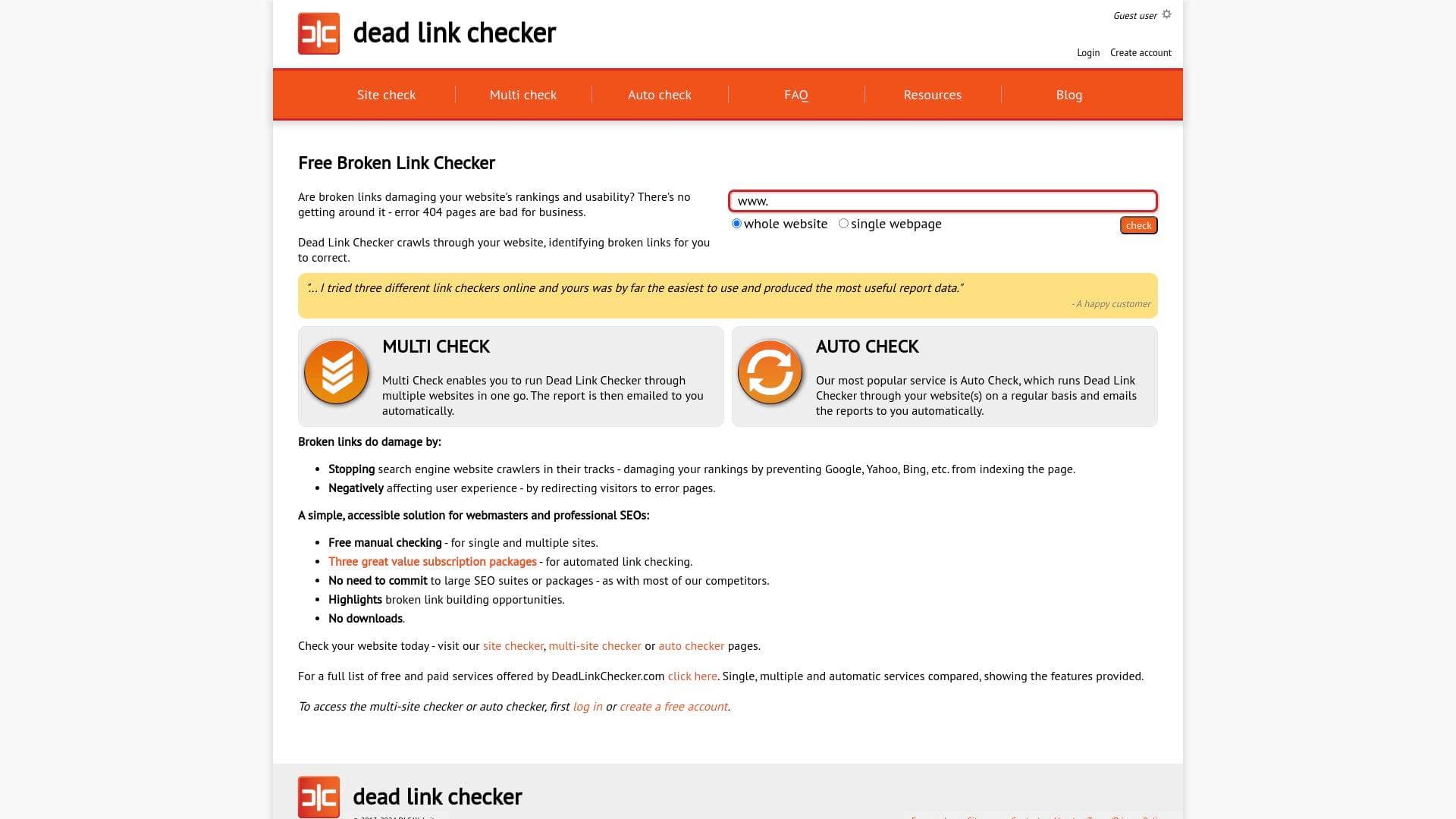 Online Broken Link Checker interface screenshot showing main features and user interface