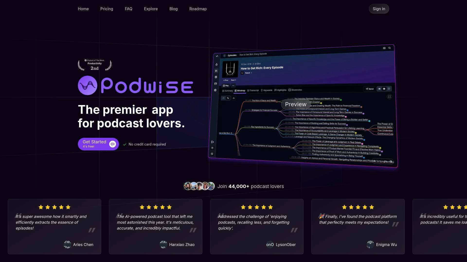 Podwise interface screenshot showing main features and user interface