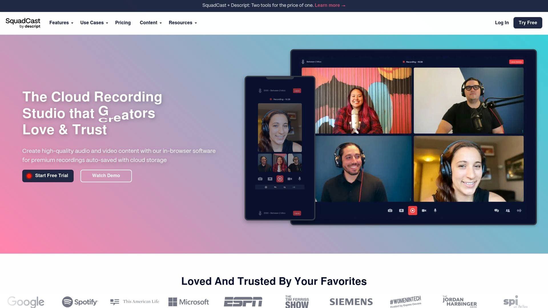 SquadCast interface screenshot showing main features and user interface