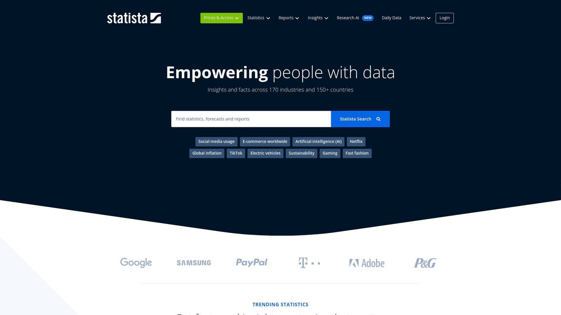 Statista interface screenshot showing main features and user interface