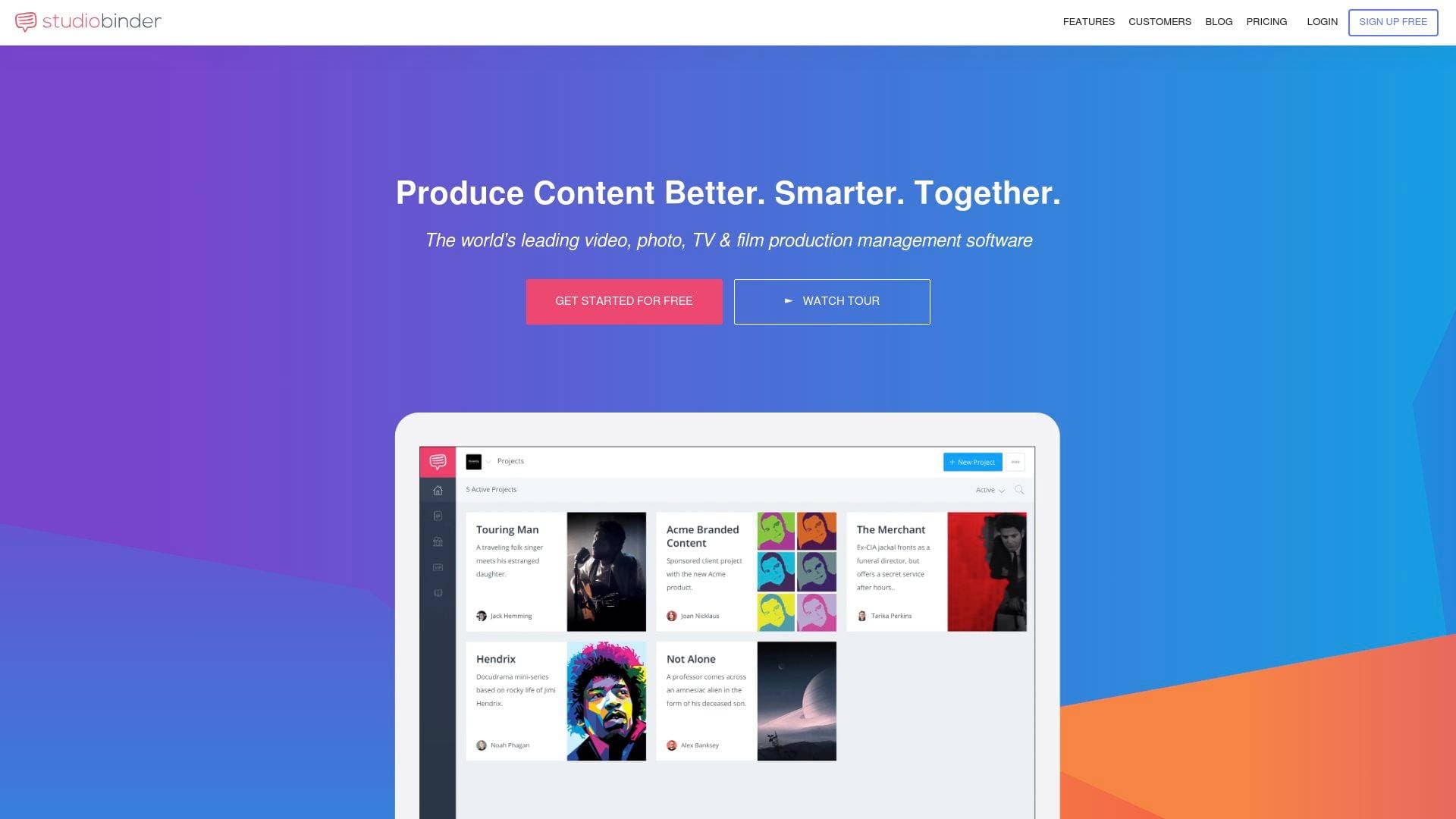 StudioBinder interface screenshot showing main features and user interface