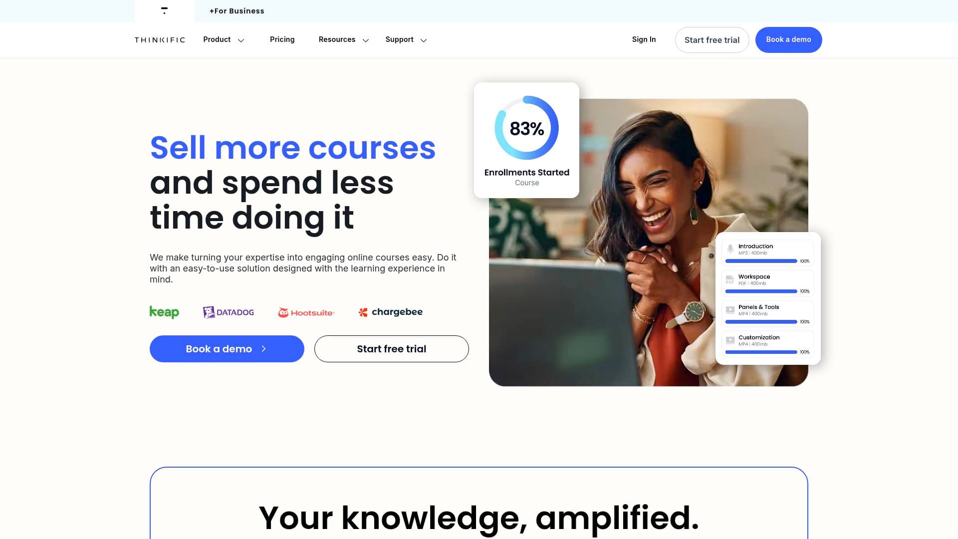 Thinkific interface screenshot showing main features and user interface