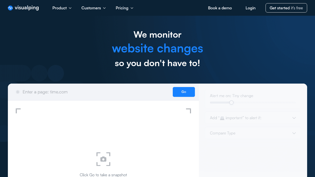 Visualping interface screenshot showing main features and user interface