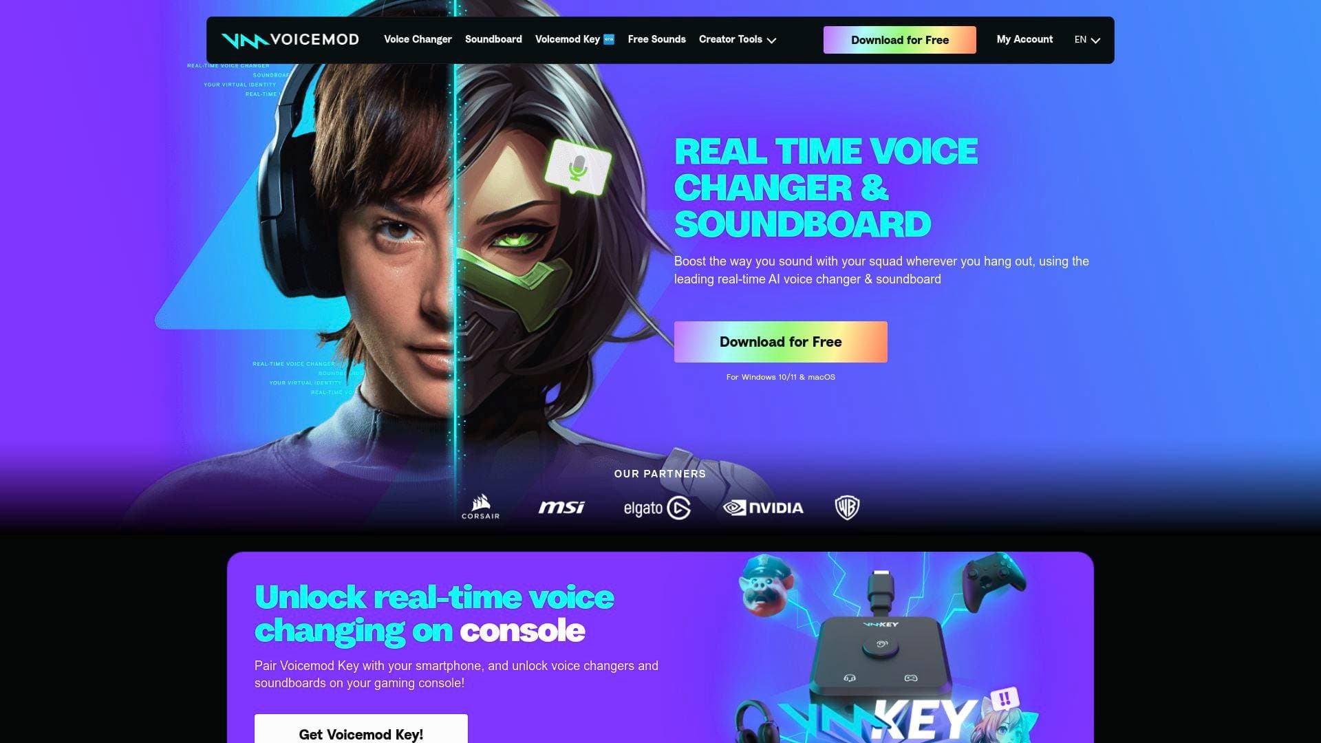 Voicemod interface screenshot showing main features and user interface