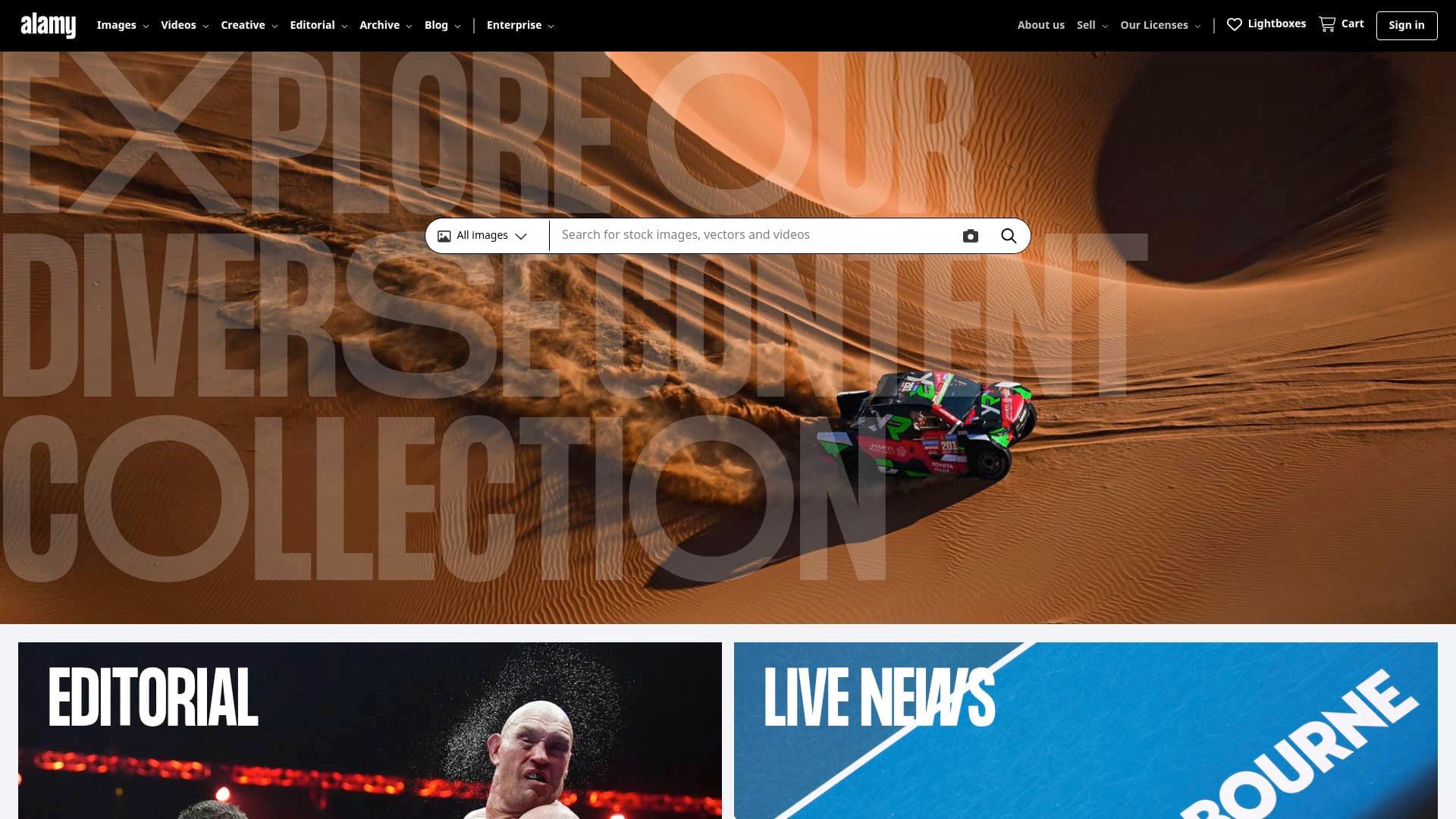 Alamy interface screenshot showing main features and user interface