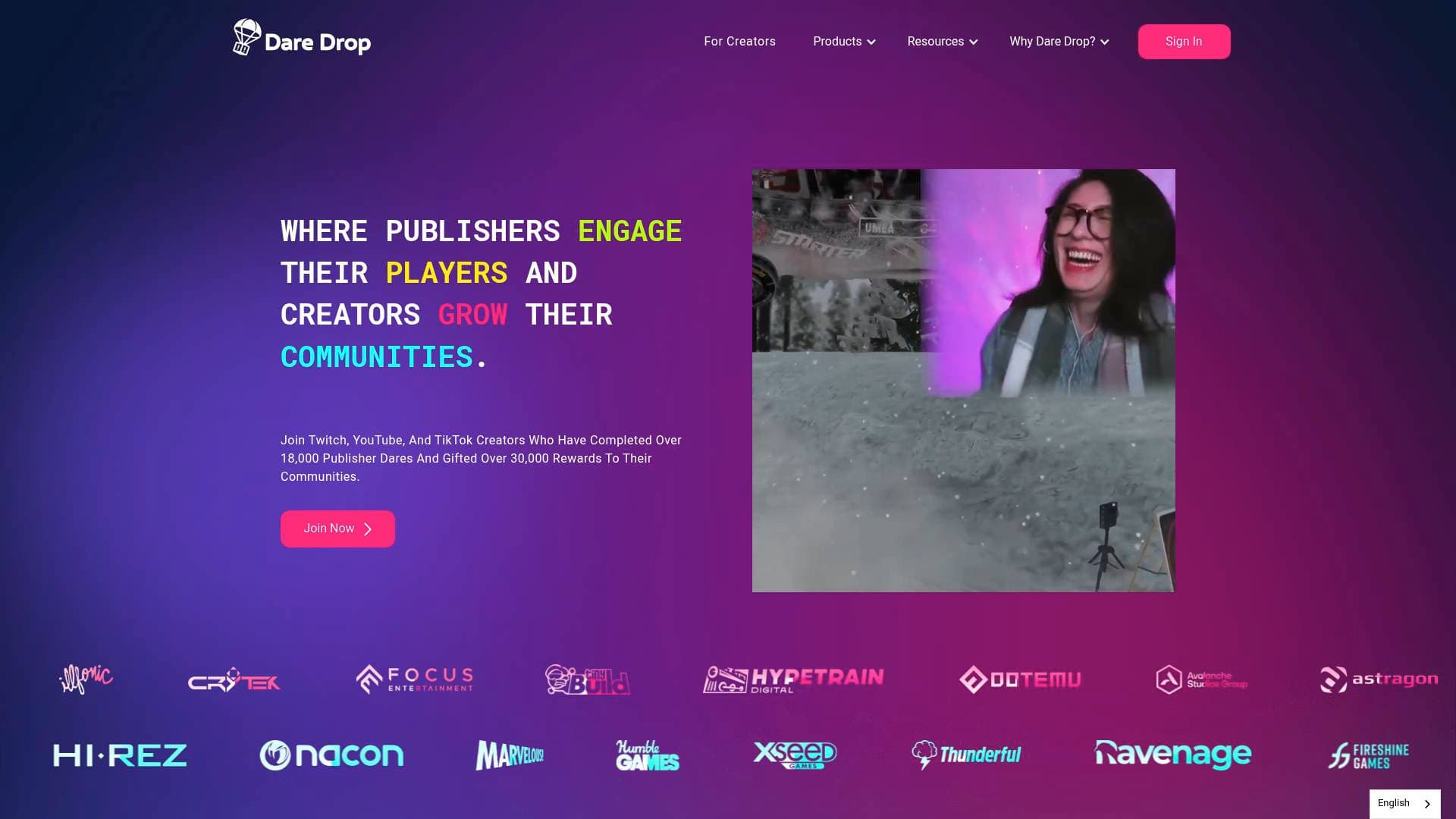 Dare Drop interface screenshot showing main features and user interface