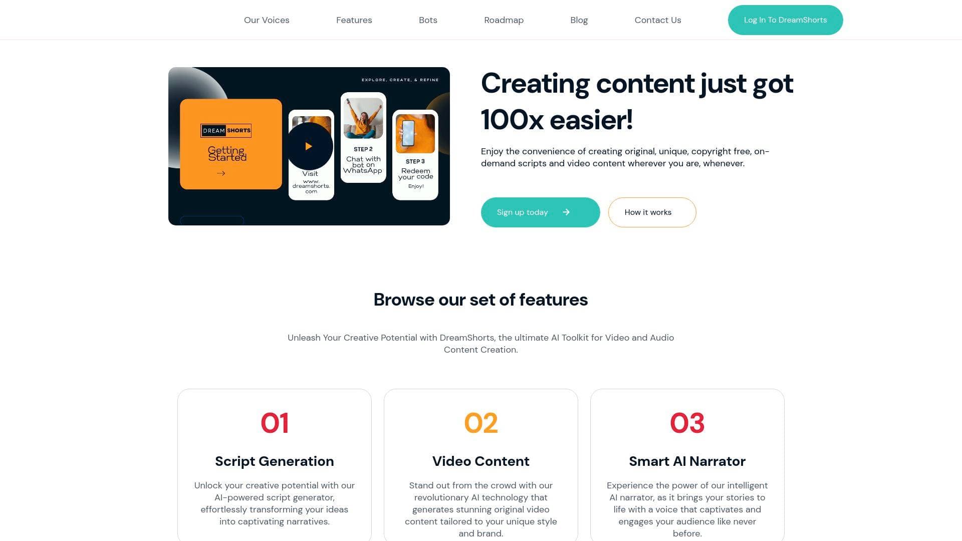 Dreamshorts interface screenshot showing main features and user interface