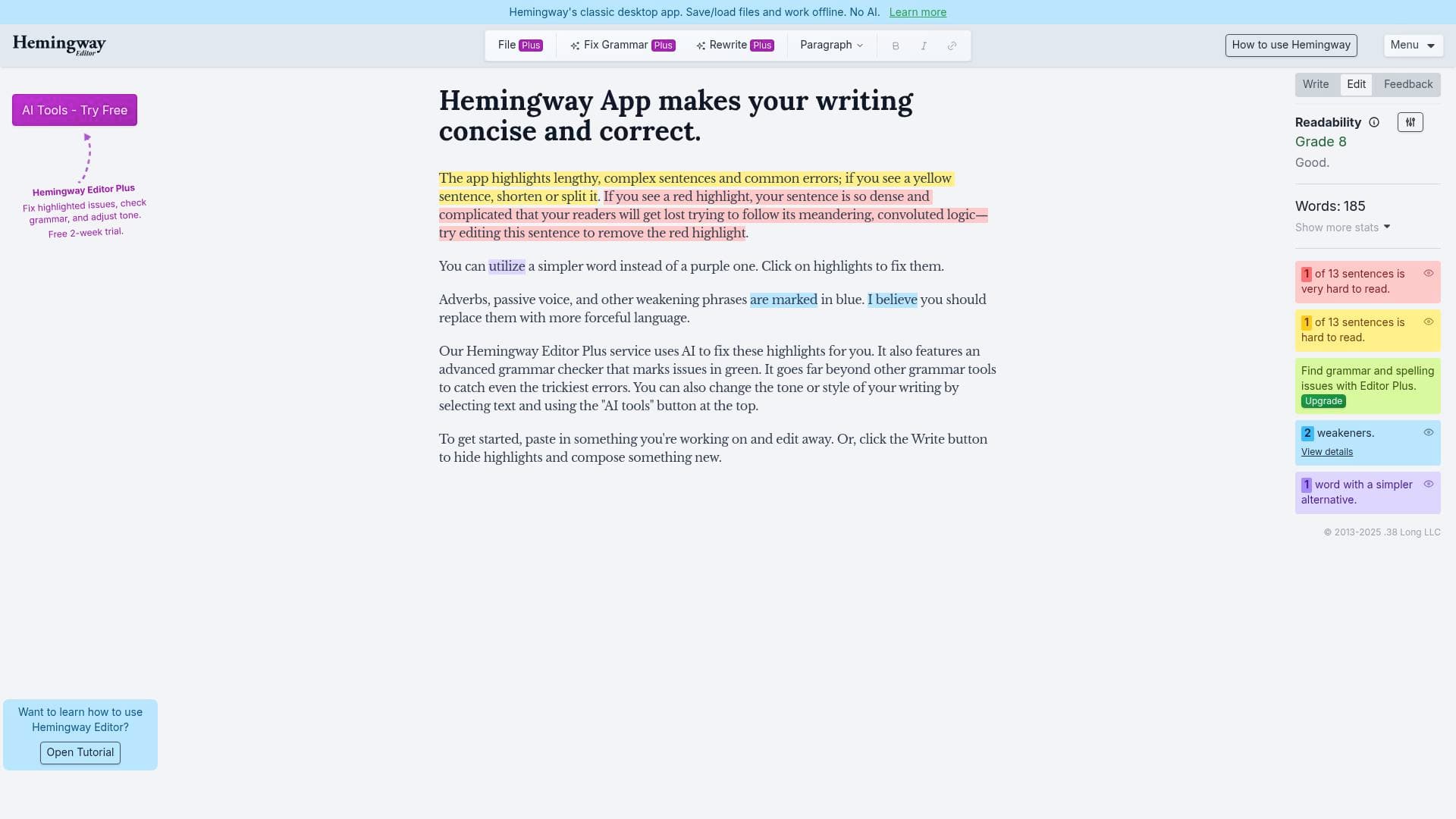 Hemingway App interface screenshot showing main features and user interface