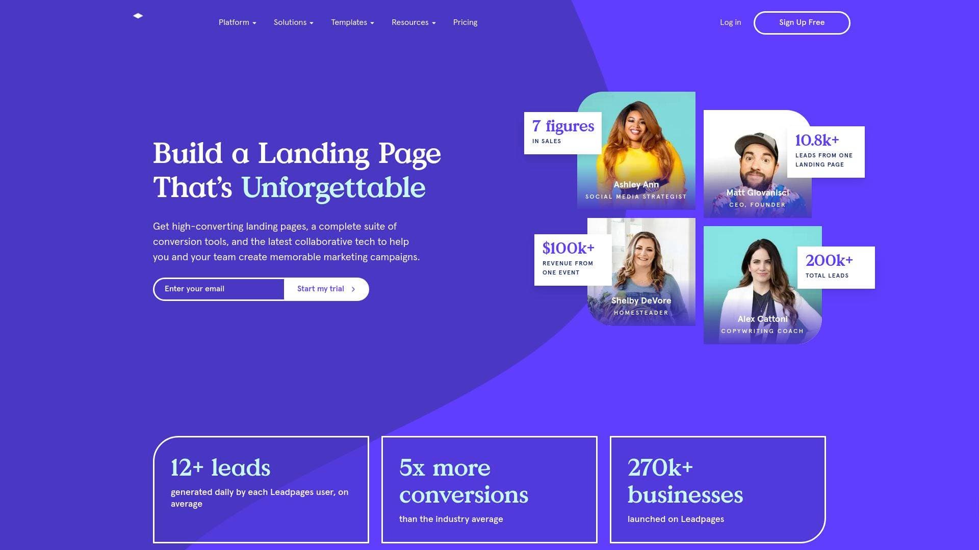 Leadpages interface screenshot showing main features and user interface