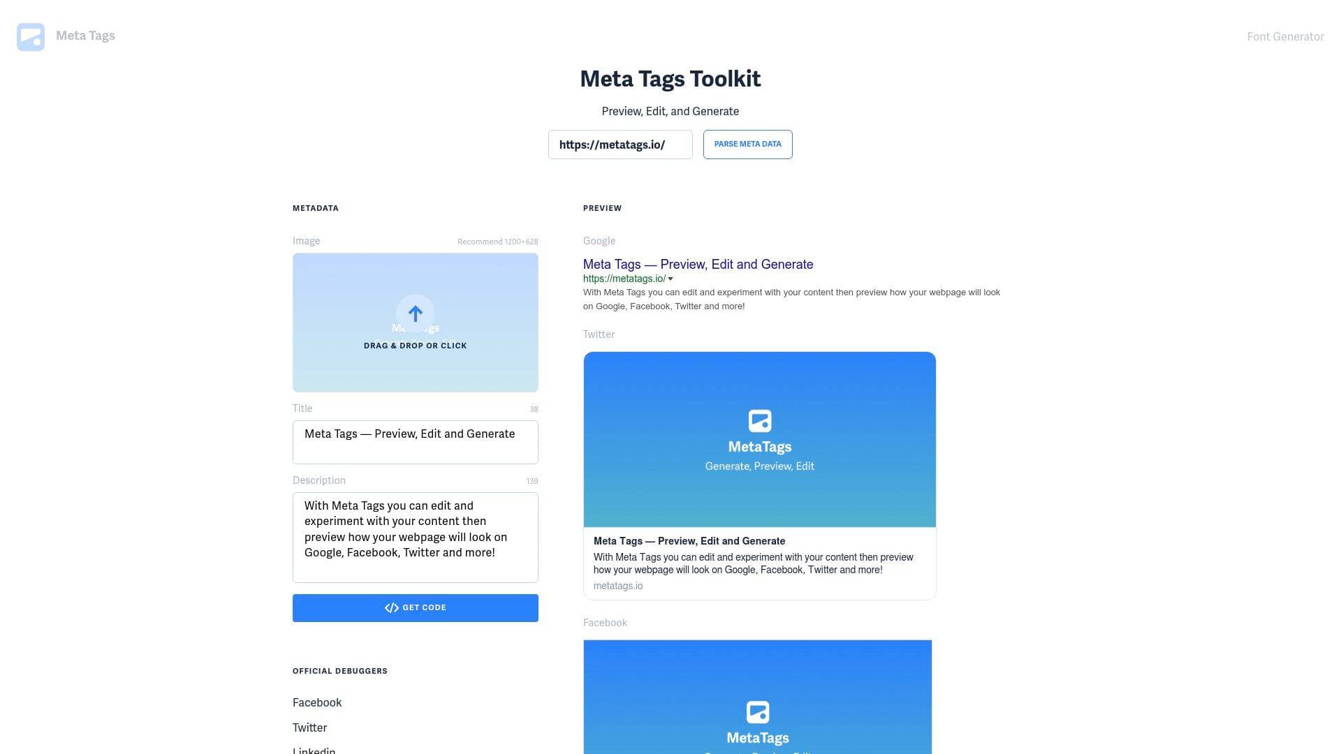 Metatags interface screenshot showing main features and user interface