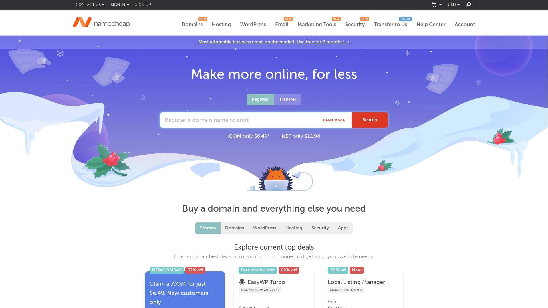 Namecheap interface screenshot showing main features and user interface