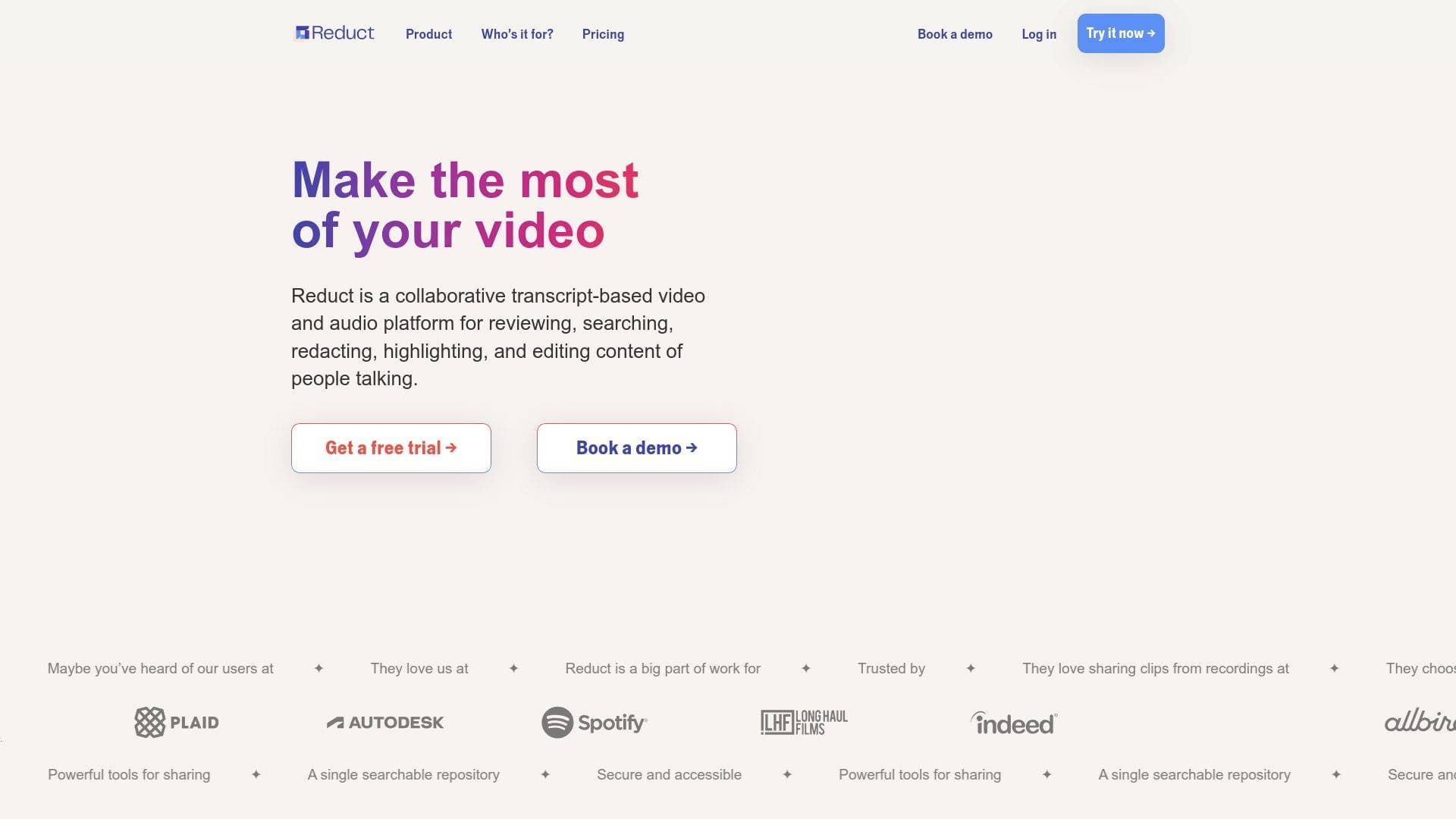 Reduct.video interface screenshot showing main features and user interface