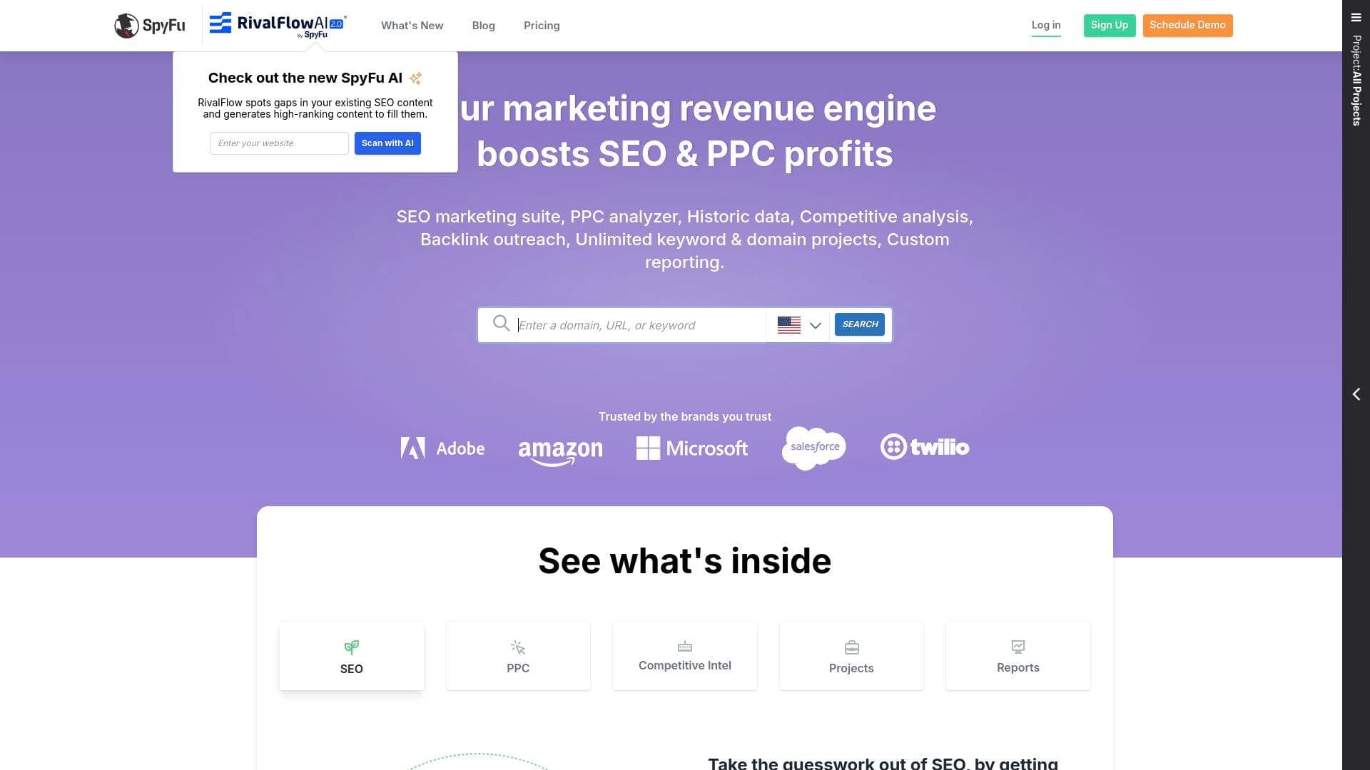 Spyfu interface screenshot showing main features and user interface